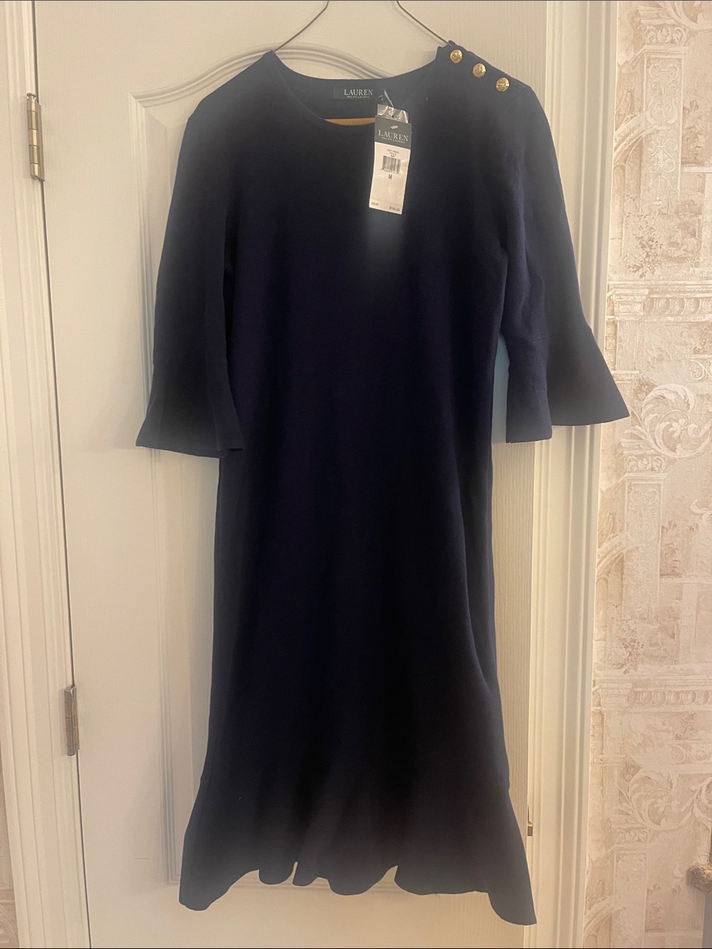 NWT Lauren Ralph Lauren Navy Midi Dress with Gold Shoulder Buttons